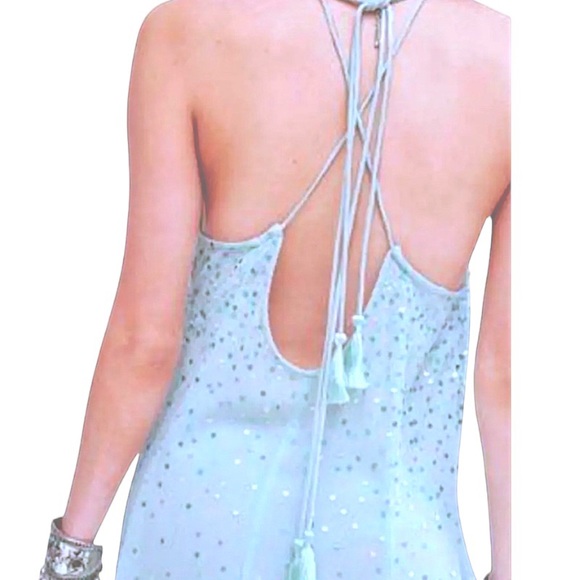 Free People Seeking Sequins Slip Dress XSmall 0 2 Blue Cross Back Tassel Ties - Picture 3 of 16
